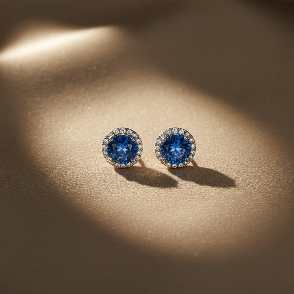 Paire de boucles d'oreilles saphir bleu sur fond neutre
